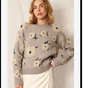 Lea & Viola Gray Floral 3D Intarsia Knit Crewneck Sweater XS